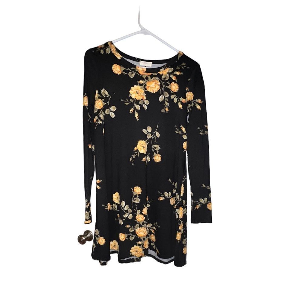 Pinc black and gold floral patterned long sleeve midi dress M